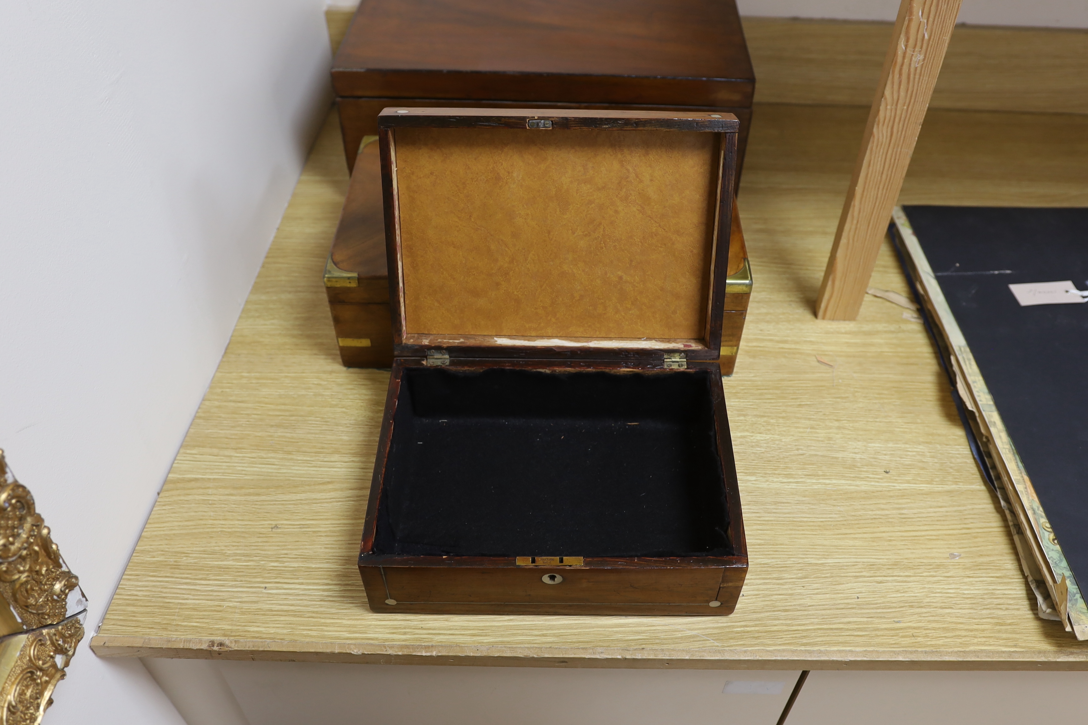 Two Victorian writing slopes and a mother of pearl inlaid box, largest 47cm wide, 26.5cm deep, 18cm high